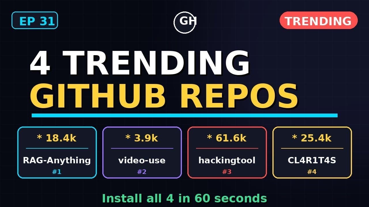 4 GitHub Repos Going NUCLEAR: RAG-Anything, video-use, hackingtool, CL4R1T4S #Shorts
